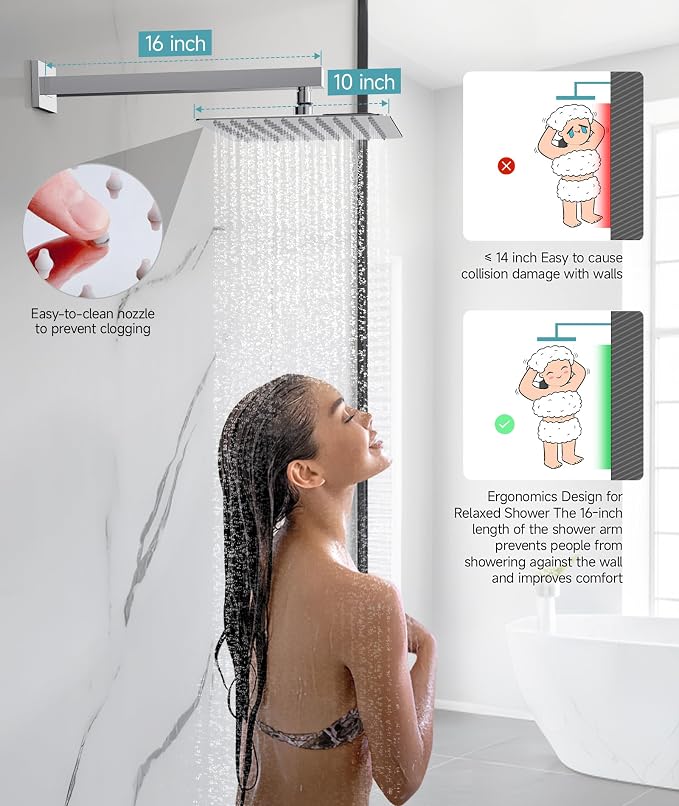 SR SUN RISE Shower Faucet Set & System - 10 Inch Rainfall Shower Head & Handle Set Wall Mounted Polished Chrome Solid Brass Valve Trim Kit Included