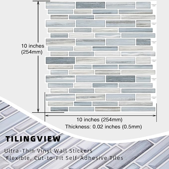 Tilingview 10PCS Peel and Stick Tile for Kitchen Backsplash, Strips Design Self-Adhesive Vinyl Tile, Plastic Wall Sticker (Blue Gray)