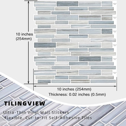 Tilingview 10PCS Peel and Stick Tile for Kitchen Backsplash, Strips Design Self-Adhesive Vinyl Tile, Plastic Wall Sticker (Blue Gray)