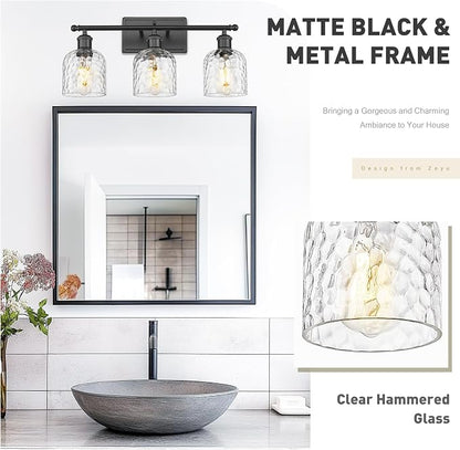 zeyu Bathroom Black Vanity Light, 21'' Black Bathroom Light Fixture 3 Light, Modern Vanity Lamp with Clear Hammered Glass, ZJF63B-3W BK