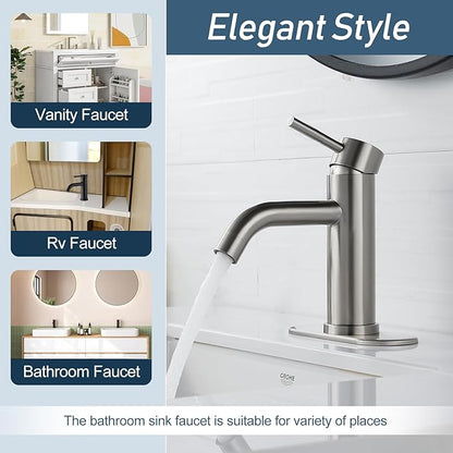 Bathroom Faucets, Brushed Nickel Single Hole Bathroom Sink Faucet Modern Single Handle Vanity Sink Faucet 1 Hole with 3 Hole Deck Plate, Pop Up Drain
