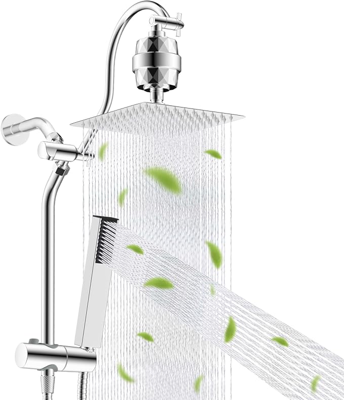 Hibbent 10'' Filtered Shower Head with 4-mode Handheld Shower Spray, Chrome | High Pressure Showerhead Combo, 12'' Adjustable Extension Arm, Shower Filter, Extension Bar, Easy Reach Holder, 71'' Hose