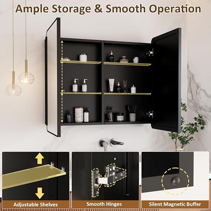 Medicine Cabinet Mirror 40x32 Inch, Double-Sided Bathroom Mirror Cabinet with Adjustable Glass Shelves, 2-Compartment Bathroom Mirror with Storage Recessed or Wall Mount