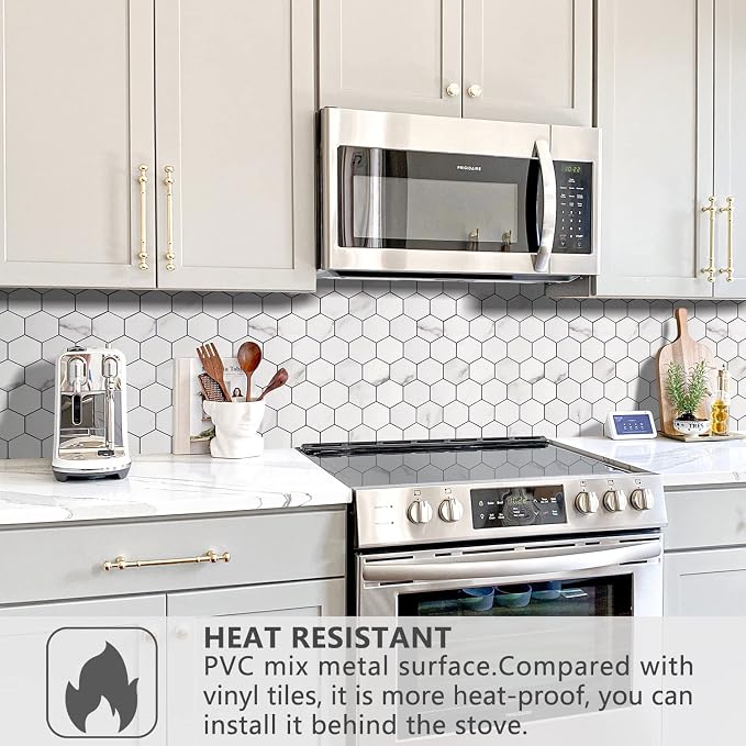STICKGOO Peel and Stick Backsplash for Kitchen, Self-Adhesive Tile Hexagon Mosaic Tiles (10 Sheets, White Marble )