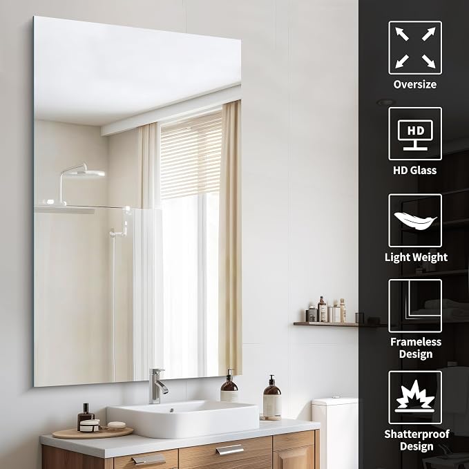 CILIBER Frameless Mirror, 60x36 Mirrors for Wall, Large Bathroom Mirror for Over Sink, Rectangle Frameless Vanity Mirror with Polished Edge, 3mm Tempered Glass, Hangs Horizontally or Vertically
