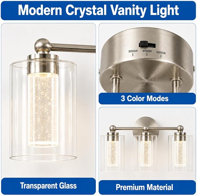 Brushed Nickel Vanity Light with 3 Color Modes, Eye Protection LED Bathroom Light Fixtures, Dimmable Modern Wall Light Over Mirror with Clear Glass Shade (Brushed Nickel, 3-Light)