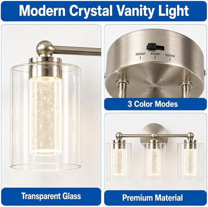 Brushed Nickel Vanity Light with 3 Color Modes, Eye Protection LED Bathroom Light Fixtures, Dimmable Modern Wall Light Over Mirror with Clear Glass Shade (Brushed Nickel, 3-Light)