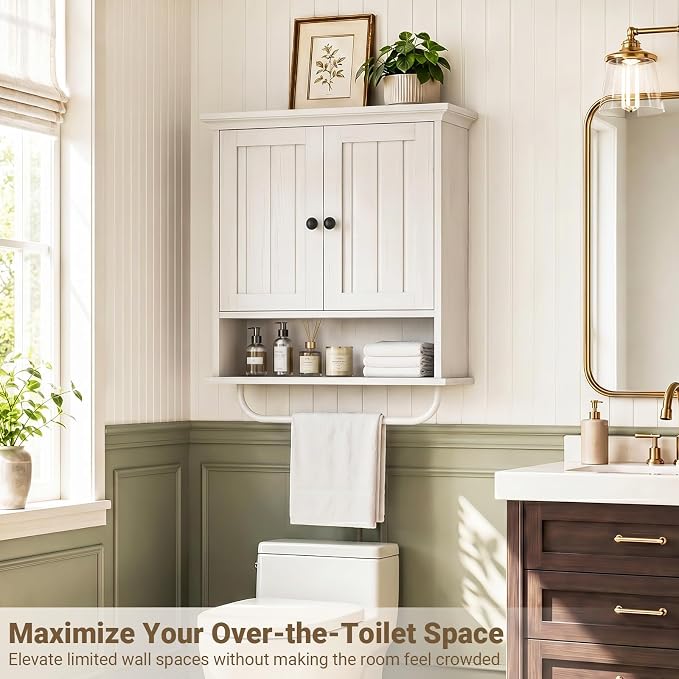 Besiost Farmhouse Bathroom Wall Medicine Cabinet with Removable Towel Bar | Over Toilet Storage Organizer, 7.9" Slim Profile, 100 Lbs Capacity, Adjustable Shelf, Soft Close Hinges Door, White