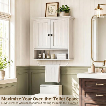 Besiost Farmhouse Bathroom Wall Medicine Cabinet with Removable Towel Bar | Over Toilet Storage Organizer, 7.9" Slim Profile, 100 Lbs Capacity, Adjustable Shelf, Soft Close Hinges Door, White