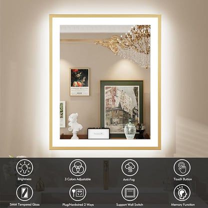 24x32 Inch LED Bathroom Mirror with Gold Frame | Gold Metal Frame, Front and Backlit, 3 Colors, Dimmable, Memory, Anti Fog, Tempered Glass, Lighted Mirror for Wall