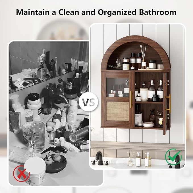 RUSTOWN Arched Bathroom Wall Cabinet with 2 Glass & Rattan Doors | Rattan Medicine Cabinet, Farmhouse Over the Toilet Storage Cabinet, Adjustable Shelves, 3-Tier Wall Mounted Cabinets