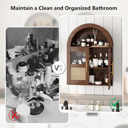 RUSTOWN Arched Bathroom Wall Cabinet with 2 Glass & Rattan Doors | Rattan Medicine Cabinet, Farmhouse Over the Toilet Storage Cabinet, Adjustable Shelves, 3-Tier Wall Mounted Cabinets