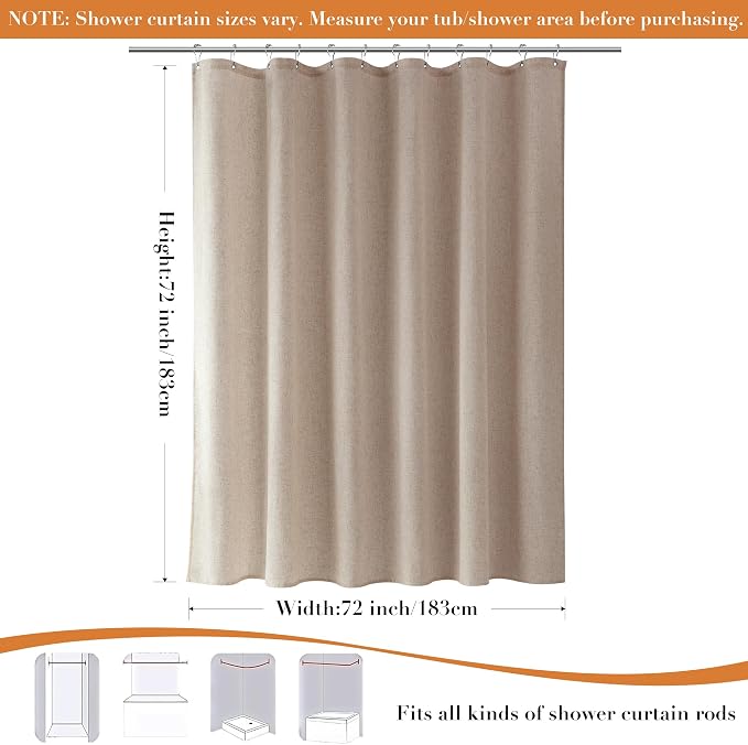 Linen Shower Curtain for Bathroom 72x72 Inch 1 Panel Sand Beige | Weighted Fabric Shower Curtains with Hooks, Water Repellent, Neutral Rustic Boho Farmhouse, Simple Luxury Bath Curtain Decor