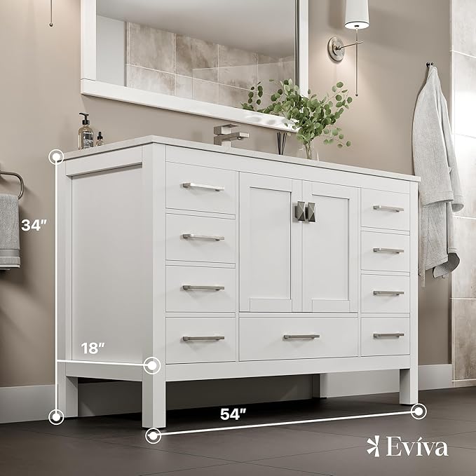 Eviva London 54 Inch Bathroom Vanity with Countertop, White Vanity Bathroom Sink Cabinet W/Quartz Countertop Porcelain Single Sink Design for Modern Bathrooms
