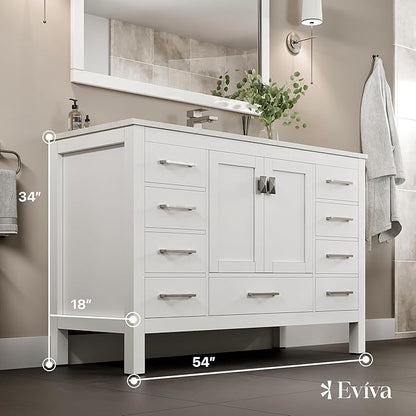Eviva London 54 Inch Bathroom Vanity with Countertop, White Vanity Bathroom Sink Cabinet W/Quartz Countertop Porcelain Single Sink Design for Modern Bathrooms