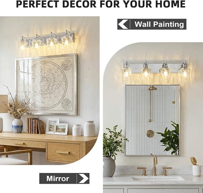 Bathroom Light Fixtures Farmhouse Chrome Vanity Lights for Bathroom Lighting Fixtures Over Mirror with Hammered Glass Lampshade for Cabinet Mirror Bedroom Hallway 4 Light