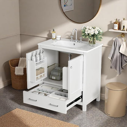 30" Freestanding Bathroom Vanity with Sink, Floor Stand Bathroom Storage Cabinet with Ceramic Sink, Doors with Double-Layered Storage Shelves, Modern Compact Vanity with Divided Drawer, White