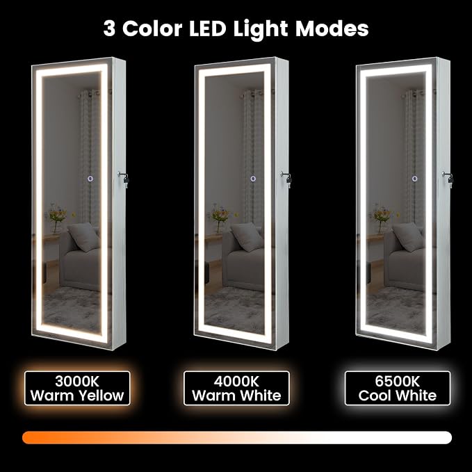 CHARMAID LED Mirror Jewelry Cabinet, 47.2'' Jewelry Armoire with Adjustable Lighted Full Length Mirror, Wall Mounted or Door Hanging, Lockable Jewelry Organizer Storage (Grayish White, 47.2''H)