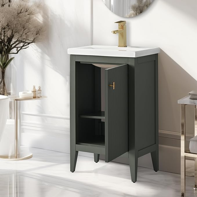 Vanity Art 20 inch Bathroom Vanity with Single Sink & Ceramic Top, Vanity Cabinet with Soft-Closing Door, Solid Wood Frame, Linear Pattern, Vintage Green, Golden Brushed Handware VA9120-VG-GB
