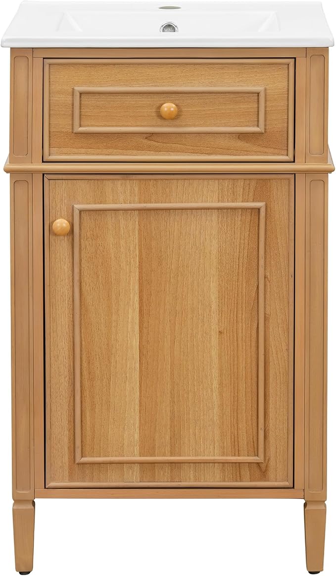 20" Small Bathroom Vanity with Ceramic Sink,Modern Freestanding Storage Cabinet w/Tilt-Out Drawer and Soft-Close Door,Adjustable Shelf,Solid Pinewood Frame for Bath/Powder/Guest Room,Wood
