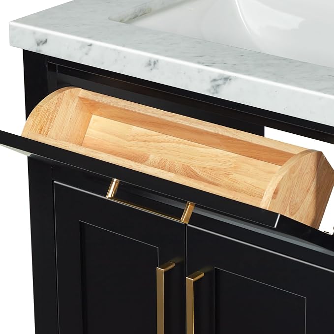 ARIEL Hepburn 60-inch Bathroom Vanity with Sink,Solid Wood, 1.5-inch Italian Carrara Marble Countertop, Double Rectangular Porcelain Sink, 4 Soft Closing Doors, 6 Dovetail Drawers, Black