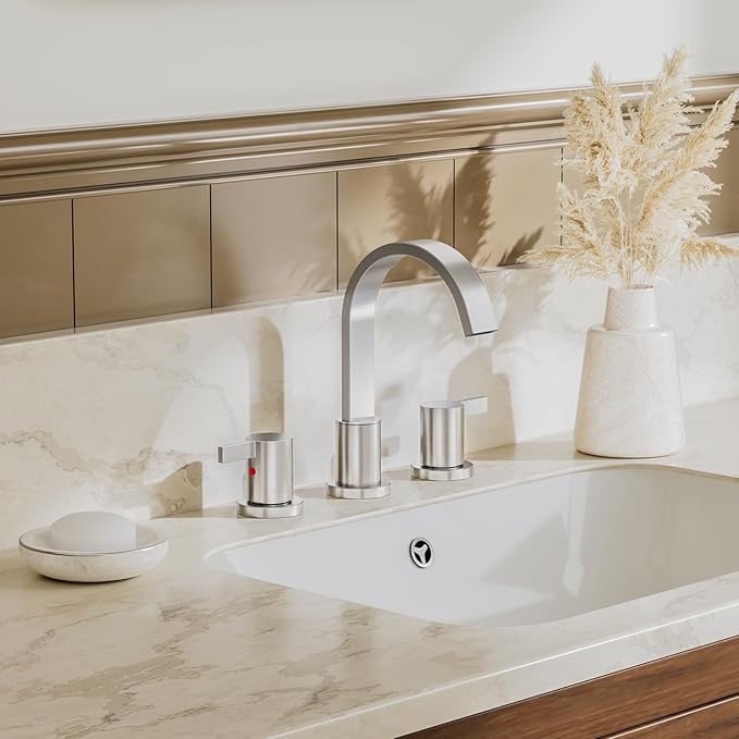 Phiestina 8 Inch Brushed Nickel Waterfall 2-Handle 3-Hole Widespread Bathroom Faucet with Pop-up Drain and Valve, WF40-1-BN