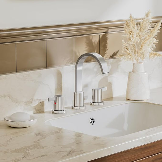 Phiestina 8 Inch Brushed Nickel Waterfall 2-Handle 3-Hole Widespread Bathroom Faucet with Pop-up Drain and Valve, WF40-1-BN