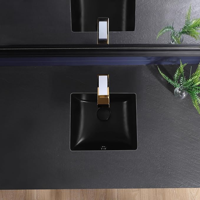 Small Black Undermount Bathroom Sink 14.4x12.7 Inch Vessel Sink Matte Black Bathroom Under Counter Lavatory Vanity Sink Basin Rectangular Porcelain Ceramic Undermount Sinks with Overflow