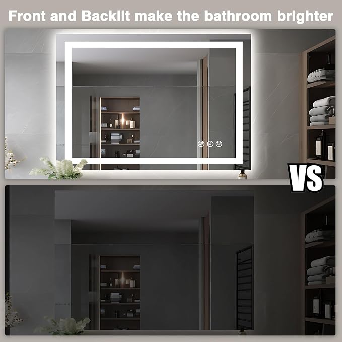EchosLife 44"x32" Bathroom Mirror with LED Lights | Backlit + Front Lit, Anti-Fog, Stepless Dimmable, 3 Colors, Memory, Tempered Glass, UL Listed, Horizontal/Vertical