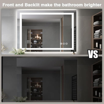 EchosLife 44"x32" Bathroom Mirror with LED Lights | Backlit + Front Lit, Anti-Fog, Stepless Dimmable, 3 Colors, Memory, Tempered Glass, UL Listed, Horizontal/Vertical