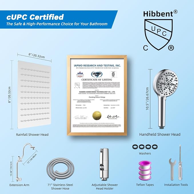 Hibbent High Pressue All Metal 8" Rainfall Shower Head, Handheld 10-Spray | cUPC Certified Chrome Dual Showerhead Combo, 4-way Diverter with Pause Mode, Brass Extension Arm, 71'' Shower Hose & Holder