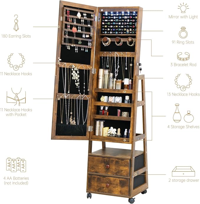 Full Length Mirror with Storage Shelves Jewelry Armoire Cabinet | Organizer Standing with 20 LED Lights Lockable and 2 Drawers (Rustic Brown) Adjustable Tilt Angles Gift for Her