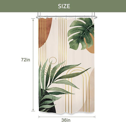 Glawry Small Stall Narrow Shower Curtain 36Wx72L Inches Tropical Bohemian Leaves Mid Century Abstract Boho Botanical Bathroom Curtains Set Plant Palm Leaf Green Minimalist Bath Home Decor Fabric
