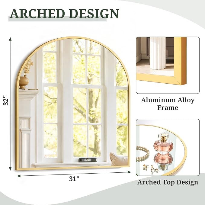 Arched Wall Mirror 32x31 Inch Gold Bathroom Vanity Mirror with Metal Frame | Modern Arch Mirror for Bedroom, Living Room, Entryway, Wall Mounted Decorative Mirror