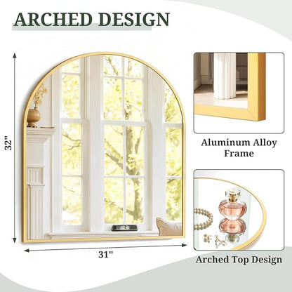 Arched Wall Mirror 32x31 Inch Gold Bathroom Vanity Mirror with Metal Frame | Modern Arch Mirror for Bedroom, Living Room, Entryway, Wall Mounted Decorative Mirror