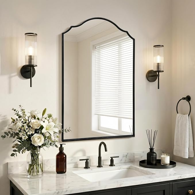 Besdomus Bathroom Mirrors for Over Sink: 24"x36" Black Wooden Arched Mirror | Classical Minimalist Scalloped Decorative Wall for Vanity/Dresser/Mantel/Bedroom/Entryway/Hallway/Fireplace/Nightstand