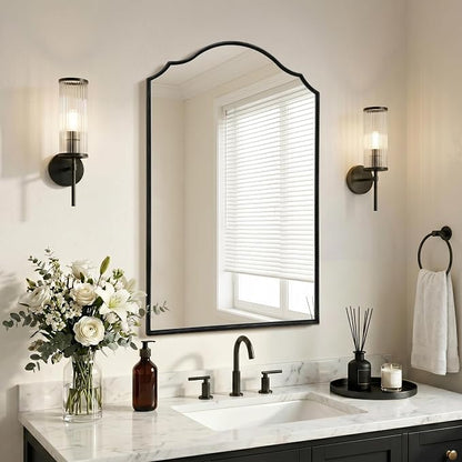 Besdomus Bathroom Mirrors for Over Sink: 24"x36" Black Wooden Arched Mirror | Classical Minimalist Scalloped Decorative Wall for Vanity/Dresser/Mantel/Bedroom/Entryway/Hallway/Fireplace/Nightstand