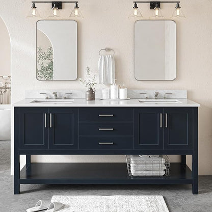 ARIEL Magnolia 72-inch Bathroom Vanity with Sink,Solid Wood, 0.75-inch Italian Carrara Marble Countertop, Double Rectangular Porcelain Sink, 4 Soft Closing Doors, 3 Dovetail Drawers, Midnight Blue