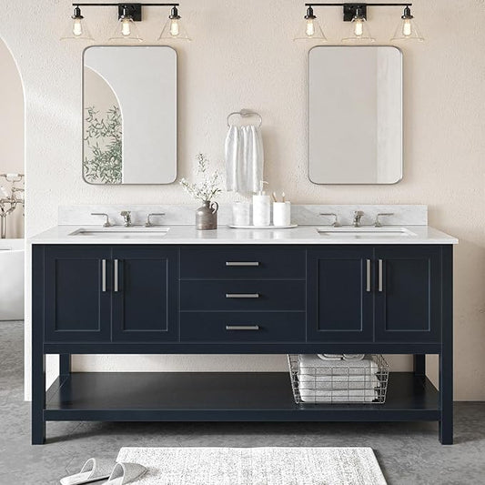 ARIEL Magnolia 72-inch Bathroom Vanity with Sink,Solid Wood, 0.75-inch Italian Carrara Marble Countertop, Double Rectangular Porcelain Sink, 4 Soft Closing Doors, 3 Dovetail Drawers, Midnight Blue