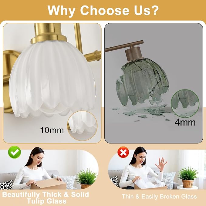 Bathroom Light Fixtures (3-Light, 20 Inch), Brushed Gold Vanity Lights for Bathroom with Ribbed Milk Tulip Glass Shade, Vintage Vanity Wall Lights for Mirror Bedroom Living Room Hallway