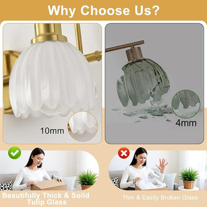 Bathroom Light Fixtures (3-Light, 20 Inch), Brushed Gold Vanity Lights for Bathroom with Ribbed Milk Tulip Glass Shade, Vintage Vanity Wall Lights for Mirror Bedroom Living Room Hallway