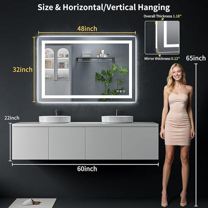 48"x32" LED Bathroom Mirror with Lights, Backlit+Frontlit, Anti-Fog | CRI 95, Stepless Dimmable, 3 Colors Lighting, Shatterproof Tempered Glass, HD Reflection, Memory, (Horizontal/Vertical)