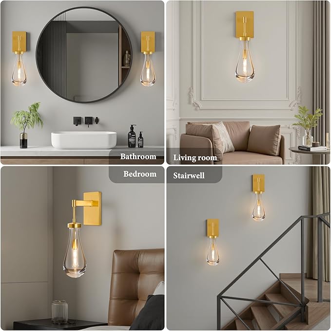 Raindrop Brass Crystal Wall Sconce: Clear Solid Indoor Sconces with Bulbs - Dimmable Vanity Lamp - Luxury Modern Gold Light Fixtures for Bedroom Living Room Bathroom Hallway Bedside Lighting