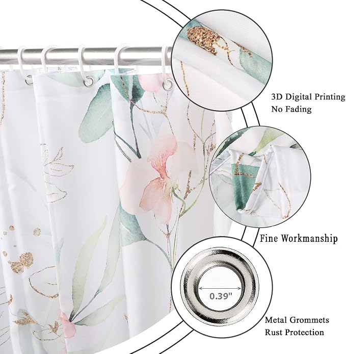 Spring Pink Floral Shower Curtain, Weighted Bottom Sage Green Eucalyptus Leaf Watercolor Botanical Plants with Gold Branches Fabric Bathroom Curtain Home Decor Waterproof Washable with 12 Hooks