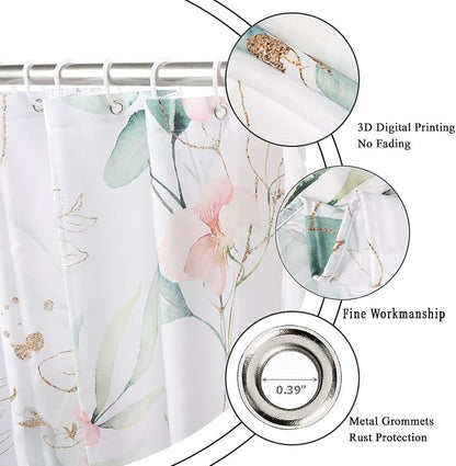 Spring Pink Floral Shower Curtain, Weighted Bottom Sage Green Eucalyptus Leaf Watercolor Botanical Plants with Gold Branches Fabric Bathroom Curtain Home Decor Waterproof Washable with 12 Hooks