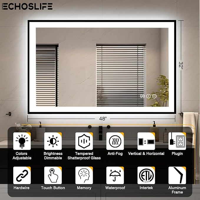 EchosLife 48x32 LED Bathroom Mirrors for Wall - Black Aluminum Framed | Black Frame, Front and Backlit, Anti-Fog, Stepless Dimmable, 3 Colors, Memory, Tempered Glass, UL Listed, Horizontal/Vertical