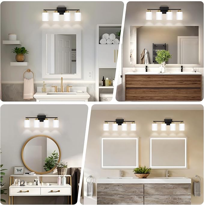 FonmYim Black and Gold Bathroom Light Fixtures Vanity Lights Over Mirror | Modern 4-Light lighting fixtures for bathroom with Milky White Frosted Glass Shades, E26 Socket (Bulbs Not Included)