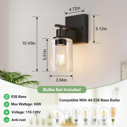 Indoi 1-Light Bathroom Light Fixtures, Matte Black Modern Vanity Lights with Clear Glass Shades, Bathroom Wall Lamp for Mirror Living Room Cabinet Bedroom Porch