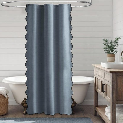BTTN Boho Stall Shower Curtain, 36x72 Scalloped Linen Textured Thick Fabric Shower Curtain Set with 6 Plastic Hook, Half Modern Rustic Farmhouse Waterproof Cloth Shower Curtain for Bathroom, Blue Grey