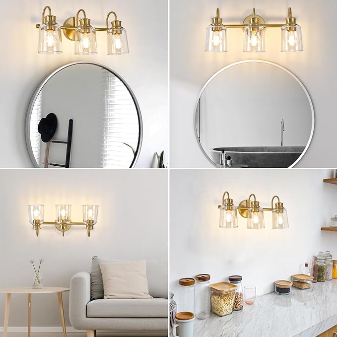 3 Lights Bathroom Light Fixtures Modern Gold Vanity Lights | ETL Certificate, Easy to Install,Wall Mount Up or Down,Thickened Glass Lampshade,E26 Socket,Hardwired